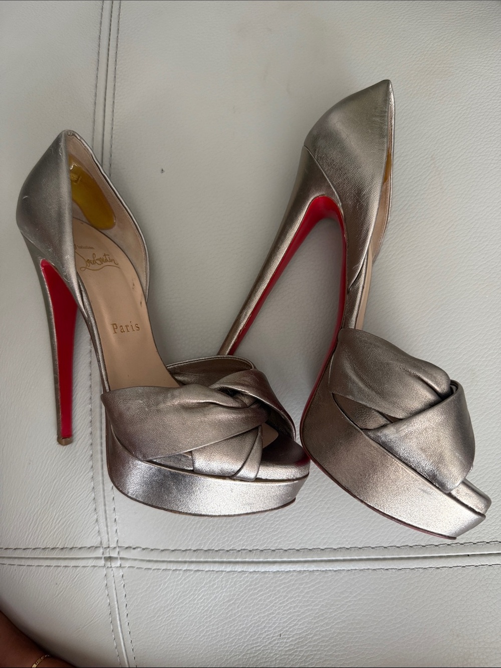Christian Louboutin Metallic Pewter Knot Peep-Toe Pumps with Red Soles